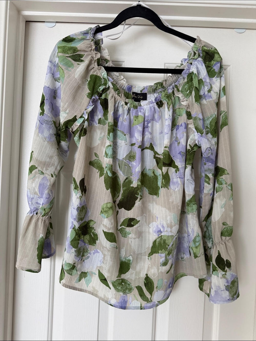 Melissa Paige Beige Floral Off-Shoulder Blouse with Lavender and Green